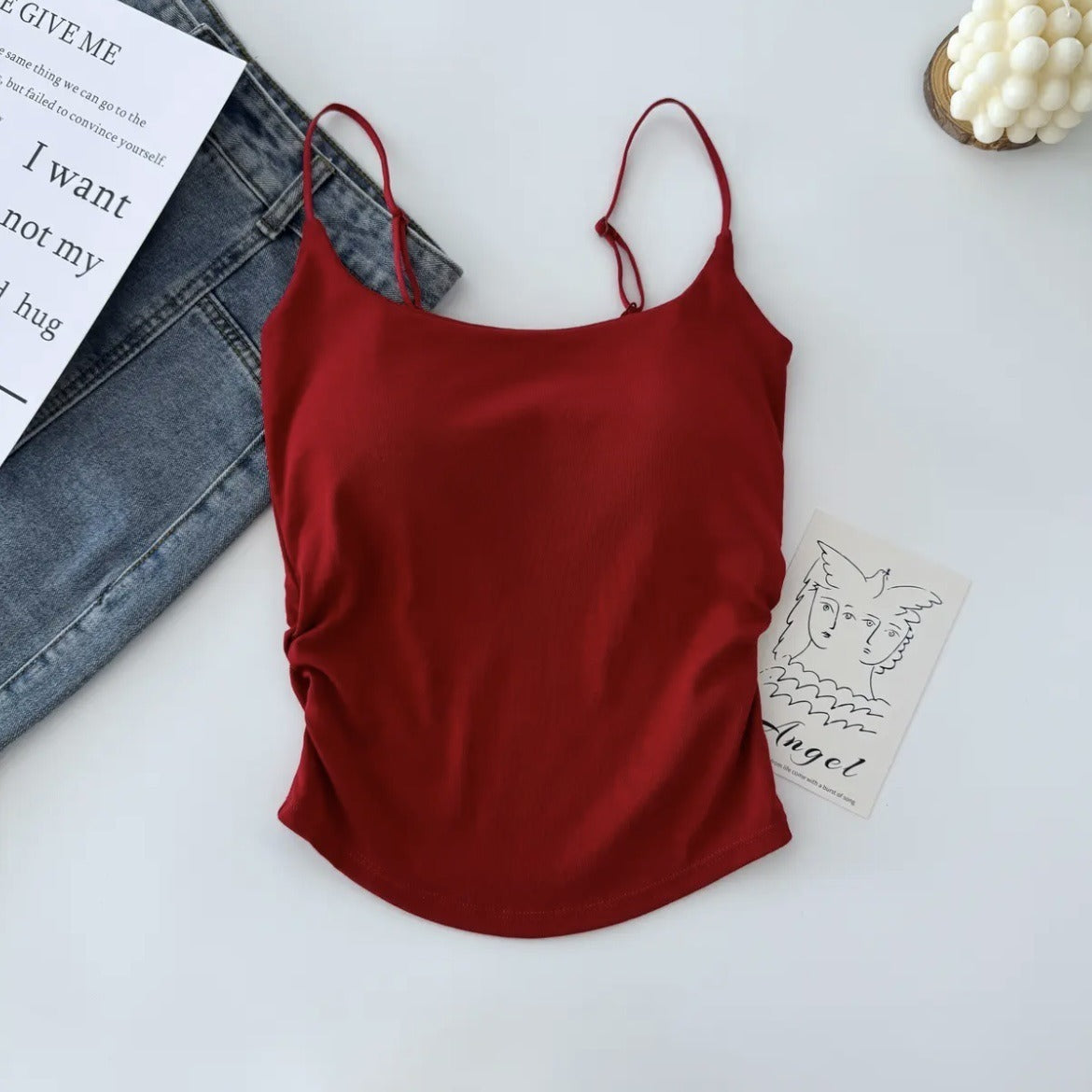 Cotton Lace-Up Back Camisole Top with Chest Pad